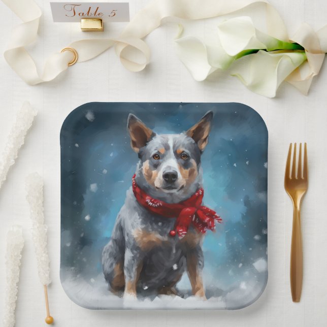 Plato De Papel Perro Heeler Azul en Navidades de Nieve (Boda)