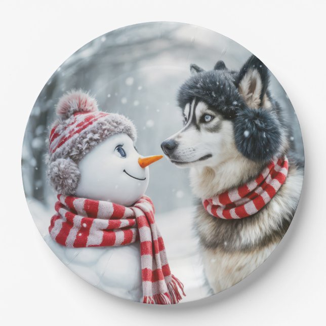 Plato De Papel Perro Husky Con Snowman (Anverso)