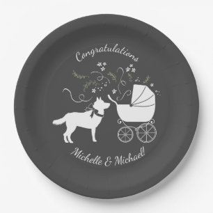 Plato De Papel Perro Husky Siberiano Baby Shower Gris porcino