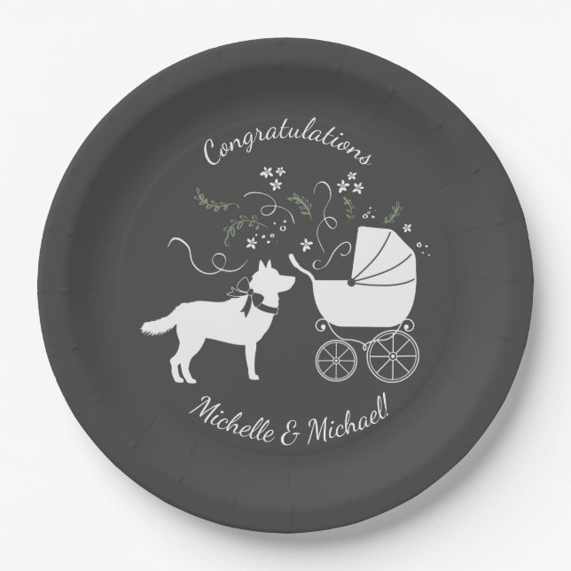 Plato De Papel Perro Husky Siberiano Baby Shower Gris porcino (Anverso)