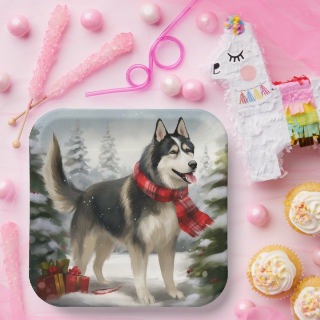 Plato De Papel Perro Husky Siberiano en Navidades de nieve (Fiesta)
