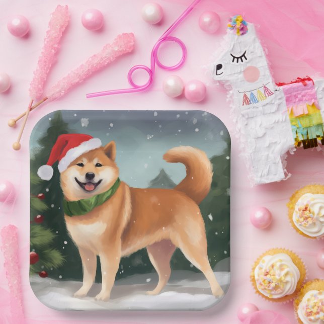 Plato De Papel Perro Inu Shiba en Navidades de Nieve (Fiesta)