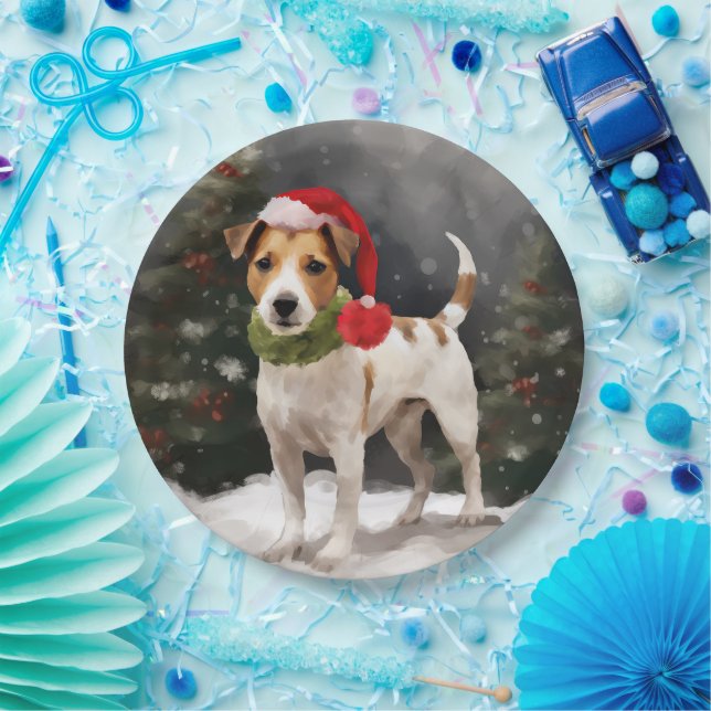 Plato De Papel Perro Jack Russell en Navidad con Nieve (Fiesta)