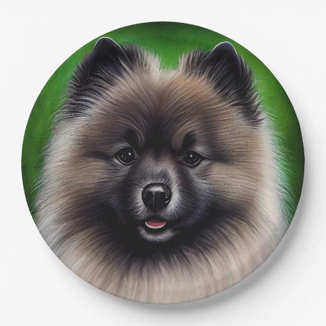 Plato De Papel Perro Keeshond con vestido de San Patricio (Anverso)