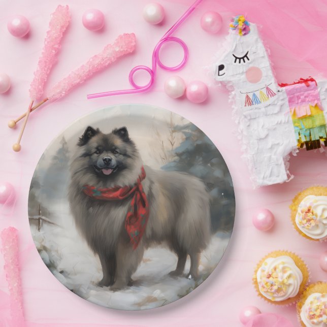 Plato De Papel Perro Keeshond en Navidades de nieve (Fiesta)
