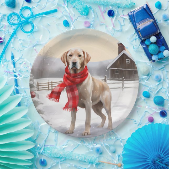 Plato De Papel Perro Labrador en Navidad con Nieve (Fiesta)