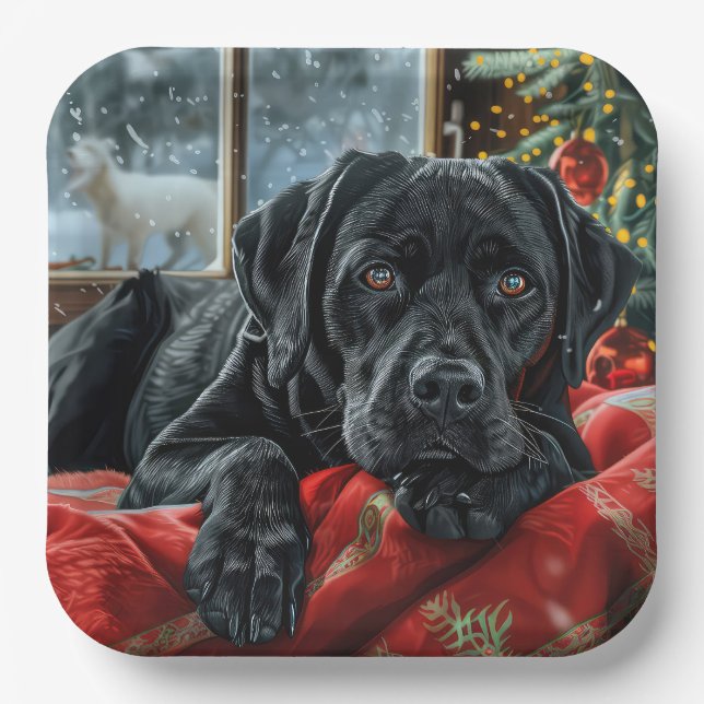 Plato De Papel Perro Labrador Negro Festividad de Navidad (Anverso)