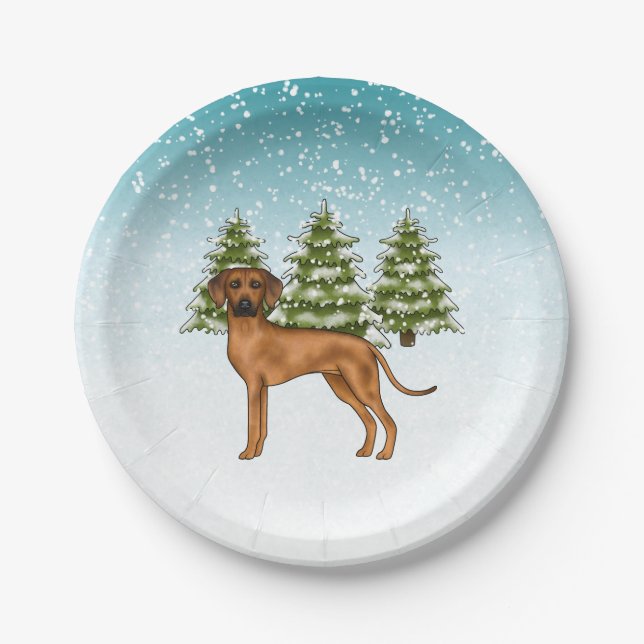 Plato De Papel Perro león Rhodesian Ridgeback Bosque invernal nev (Anverso)