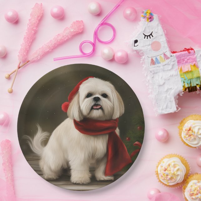 Plato De Papel Perro Lhasa Apso en Navidad con Nieve (Fiesta)
