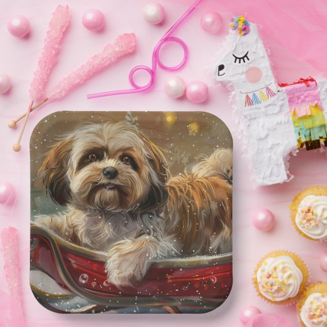 Plato De Papel Perro Lhasa Apso Festividad de Navidad (Fiesta)