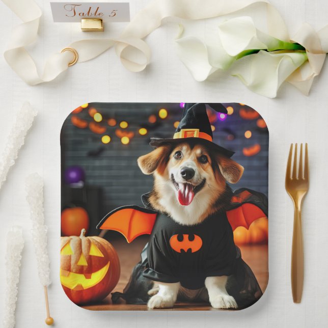 Plato De Papel Perro lindo con disfraz de Halloween (Boda)