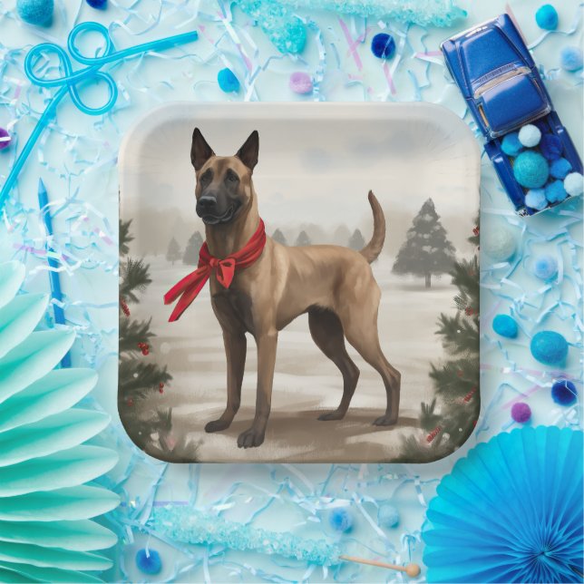 Plato De Papel Perro Malinois Belga en Navidad con Nieve (Fiesta)