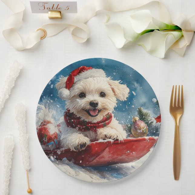 Plato De Papel Perro maltés con manchas deja que nieve Navidades (Boda)