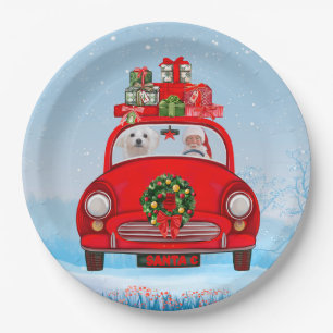 Plato De Papel Perro maltés en auto con Santa Claus