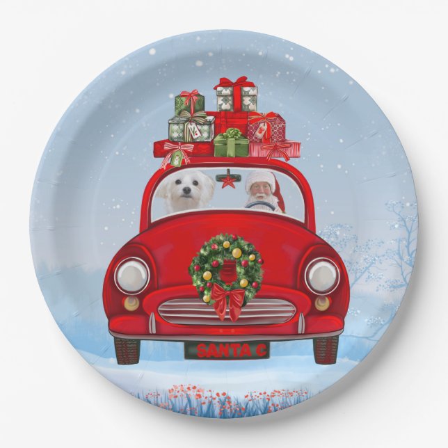 Plato De Papel Perro maltés en auto con Santa Claus (Anverso)