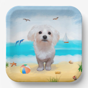 Plato De Papel Perro maltés en la playa