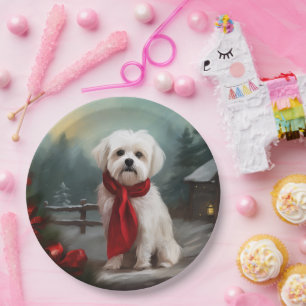 Plato De Papel Perro maltés en Navidad con nieve