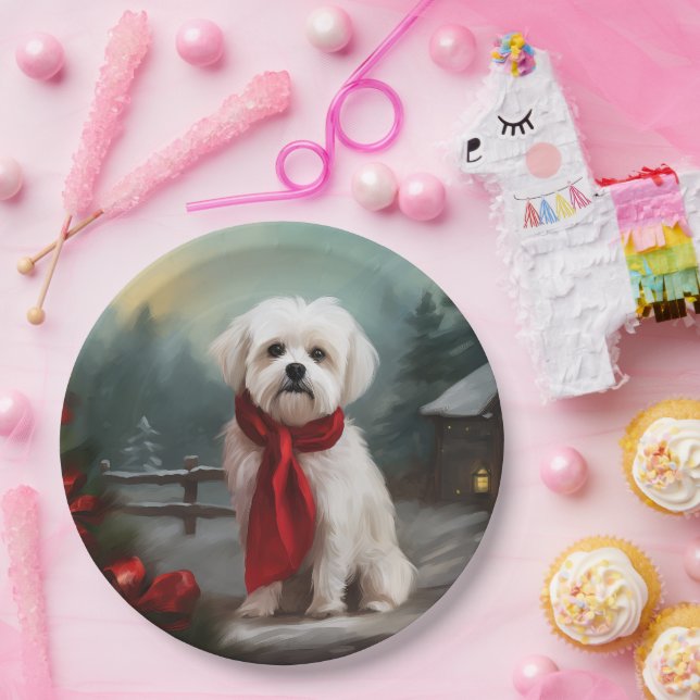 Plato De Papel Perro maltés en Navidad con nieve (Fiesta)