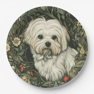 Plato De Papel Perro maltés lindo en un jardín estilo William Mor