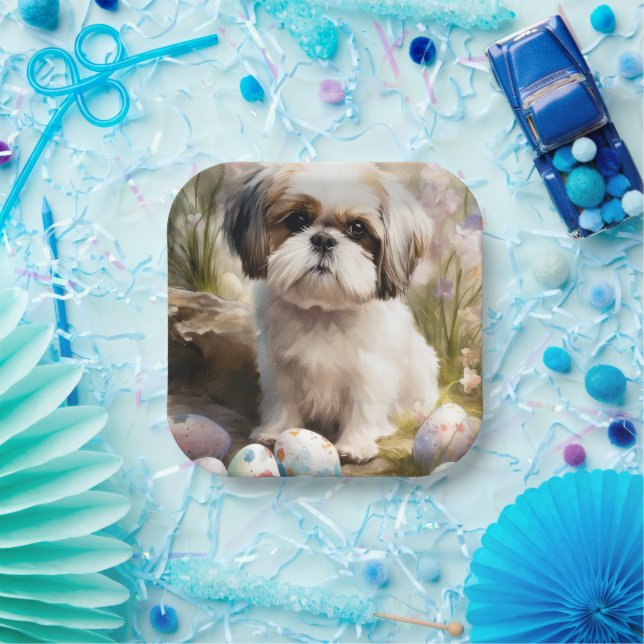 Plato De Papel Perro malti tzu con festividad de huevos de Pascua (Fiesta)