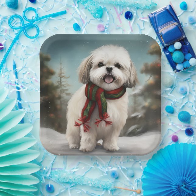 Plato De Papel Perro Malti Tzu en Navidades de nieve (Fiesta)