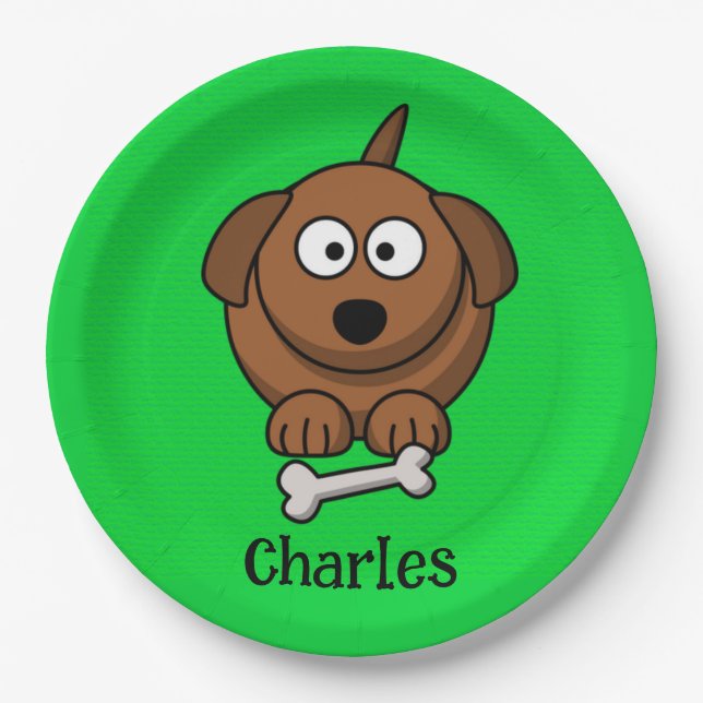 Plato De Papel Perro marrón con hueso personalizado en verde (Anverso)