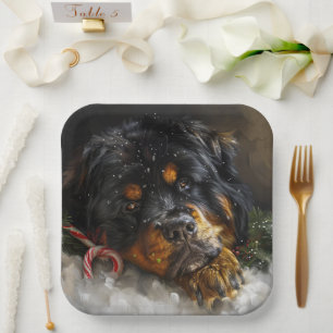 Plato De Papel Perro Mastín Tibetano Navidad Festiva