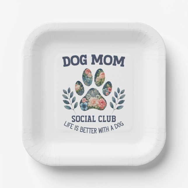 Plato De Papel Perro Mom Paw Floral (Anverso)