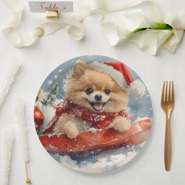 Plato De Papel Perro panomerano en escurrimiento deja que nieve N (Boda)