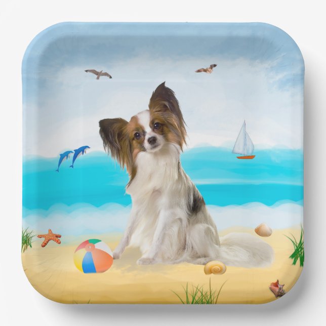 Plato De Papel Perro Papillon en la playa (Anverso)