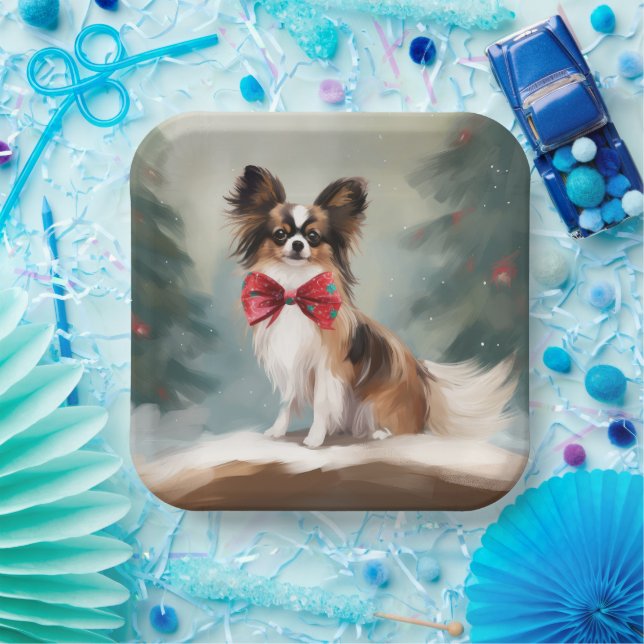 Plato De Papel Perro Papillon en Navidades de nieve (Fiesta)