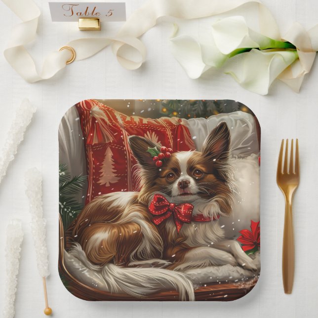 Plato De Papel Perro Papillon Navidad Festiva (Boda)