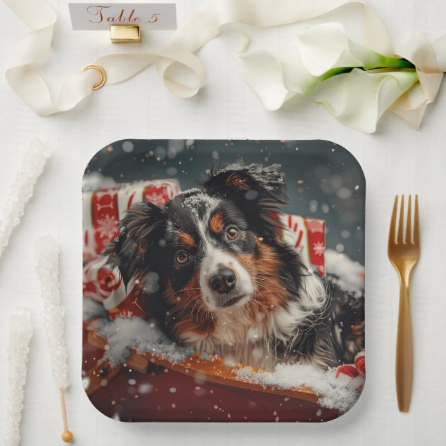Plato De Papel Perro Pastor Australiano Fiesta de Navidad (Boda)