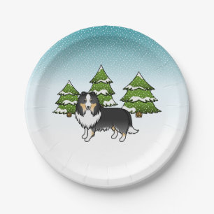 Plato De Papel Perro pastor de Shetland tricolor en un bosque inv