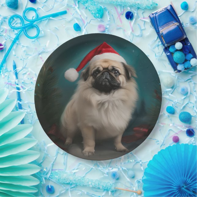 Plato De Papel Perro pekinés en Navidades de nieve (Fiesta)