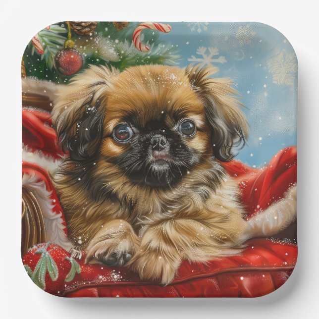 Plato De Papel Perro Pequinés Navideño Festivo (Anverso)