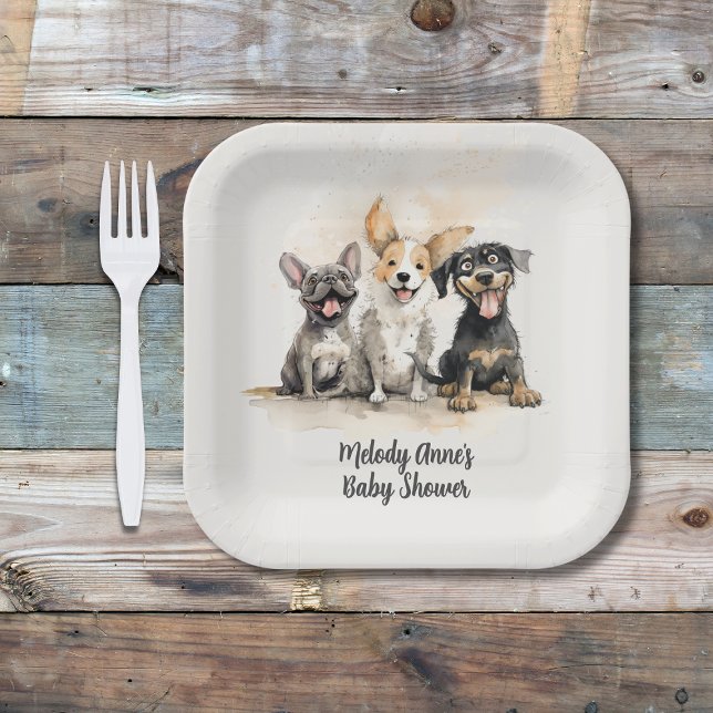 Plato De Papel Perro picante cuela a bebé Baby Shower (Puppy Dog Tails Baby Shower for Boys with Watercolor Puppies, Mom's Name, Date)