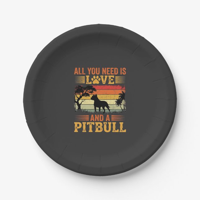 Plato De Papel Perro Pitbull Atardecer Retro Amor (Anverso)