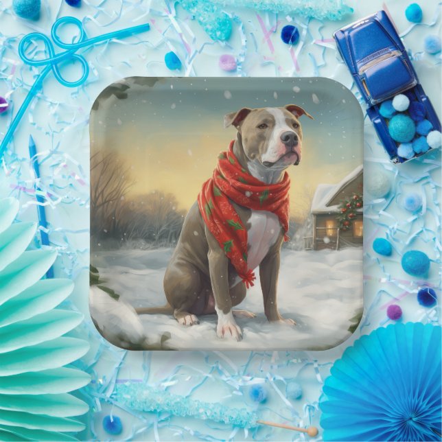 Plato De Papel Perro Pitbull en Navidades de Nieve (Fiesta)