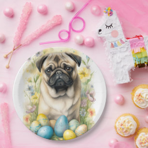Plato De Papel Perro Pug con huevos de Pascua Fiesta 
