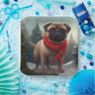 Plato De Papel Perro Pug en Navidad con Nieve