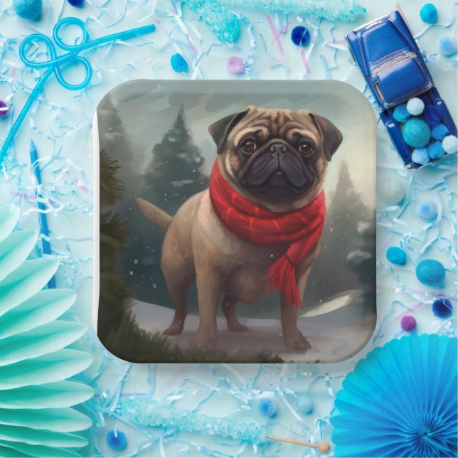 Plato De Papel Perro Pug en Navidad con Nieve (Fiesta)