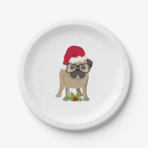 Plato De Papel Perro pug lindo en Navidades Santa Hat.