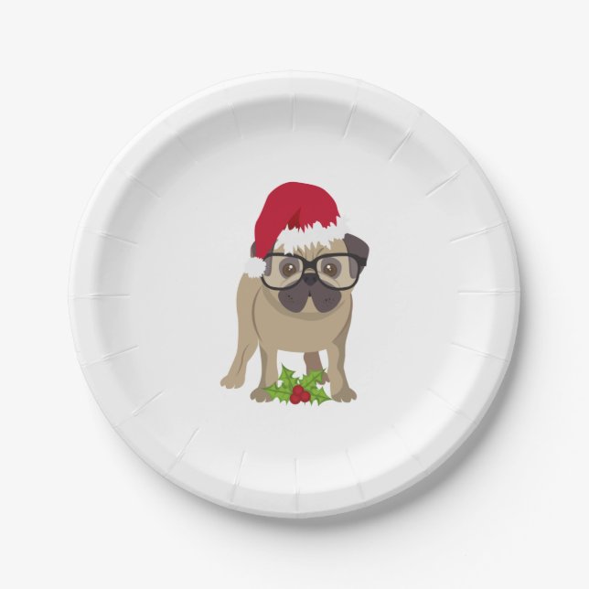 Plato De Papel Perro pug lindo en Navidades Santa Hat. (Anverso)