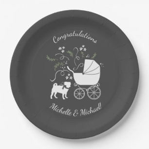 Plato De Papel Perro Pug Tema de Baby Shower Puppy Género Neutra