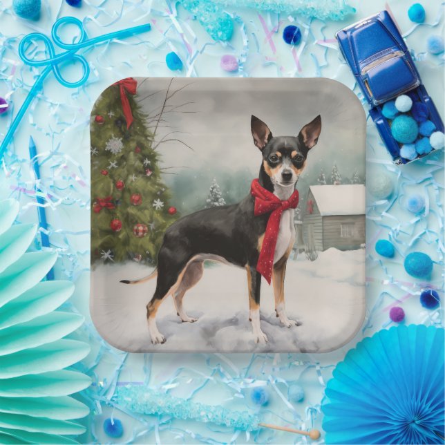 Plato De Papel Perro Rat Terrier en Navidad con nieve  (Fiesta)