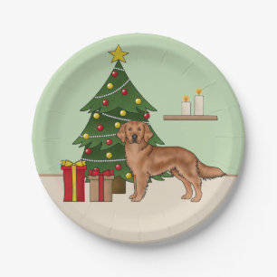 Plato De Papel Perro Red Golden Retriever con verde árbol de Navi