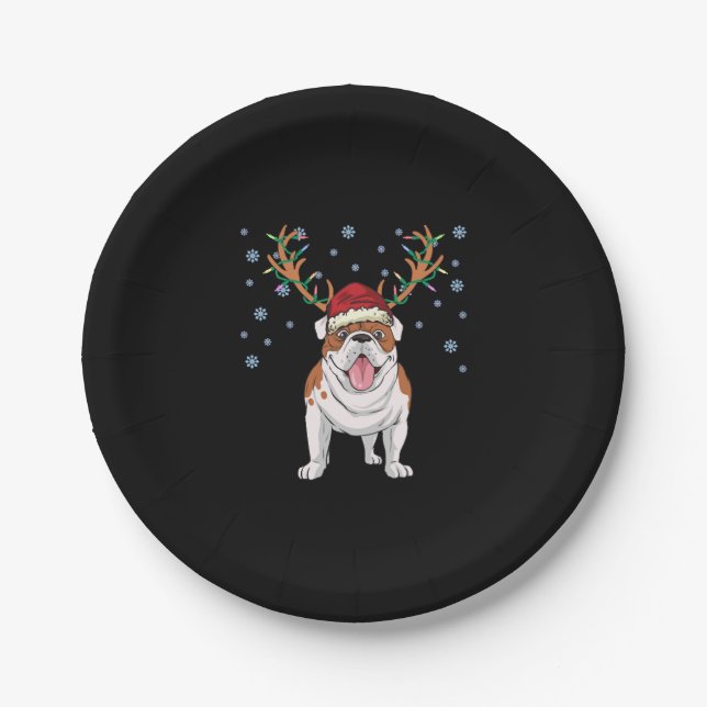 Plato De Papel Perro reno en bulldog inglés para navidades (Anverso)