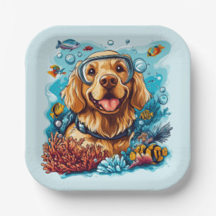 Plato De Papel Perro Retriever Dorado Buceando en Arrecife de Cor