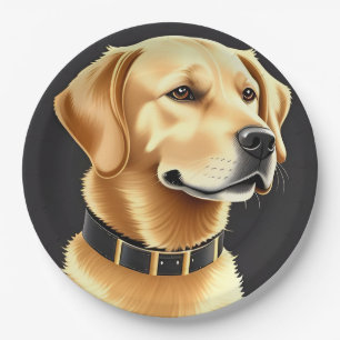Plato De Papel Perro Retriever Dorado con Collar de Cuero